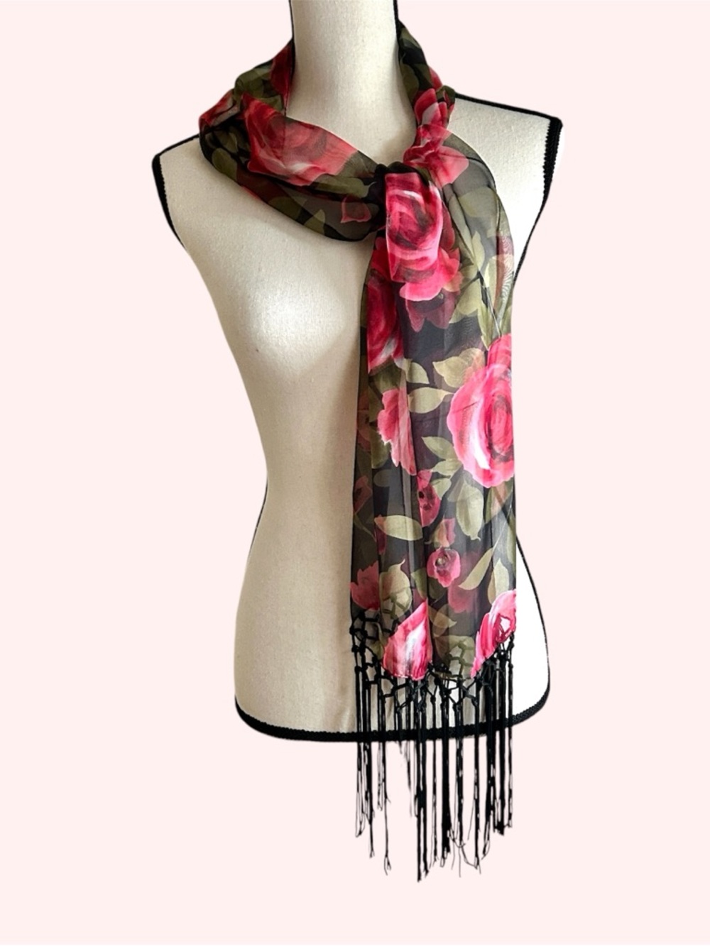 90s Sheer Floral Rose Scarf Black Pink Romantic Goth Fringe Long Scarf